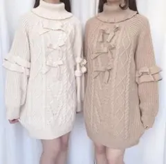 Honey Cinnamon 袖フリルリボンニットワンピ