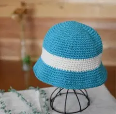 《秋冬》コットンハット　ターコイズブルー　ホワイト(ライン) 48〜50cm