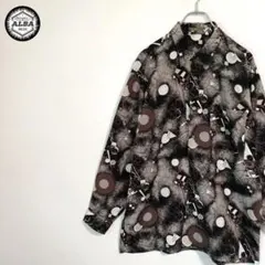 【美品】デザインシャツ　幾何学柄　アートデザイン　総柄　黒　ブラック　長袖　L