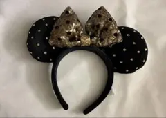 ディズニー　カチューシャ 黒と金のドット　リボン