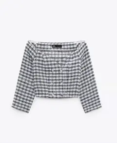 オフショルダー チェック柄 ツイードジャケット