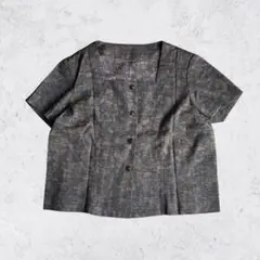 レトロ 総柄 半袖ブラウス ハンドメイド 黒茶 クラシック ショート丈 古着女子