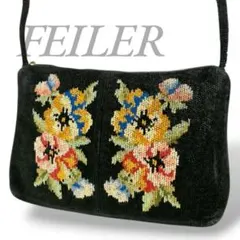 FEILER フェイラー ショルダーバッグ ブラック 花柄 刺繍 スエード