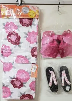 浴衣3点セット 作り帯 下駄 白地花柄