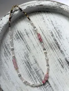 【一点物】 ロングネックレス ピンク×ブラウン 天然石 パール ローズクォーツ