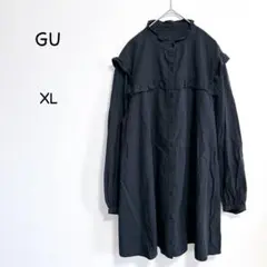 GU シャツワンピース M ブラック フリル チュニック 前開き 羽織り