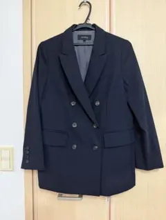 アンタイトル　大きいサイズ44　ストレッチ　ツイード　ノーカラージャケット　紺 アンタイトル 大きいサイズ44 ストレッチ ツイード ノーカラー