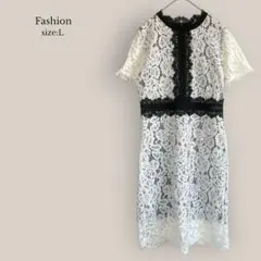 Fashion レースタイトワンピース　半袖　膝丈　透け感　総レース　花柄