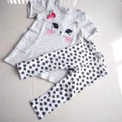 H&M 　グレー　猫顔プリント　 カットソー・ドットレギンス　2点セット