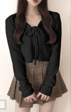 GRL リボン付きブラッククロップドカーディガン