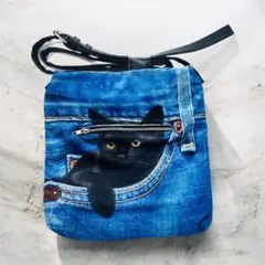 ☆送料無料☆ 黒猫デニム柄ポケットショルダーバッグ