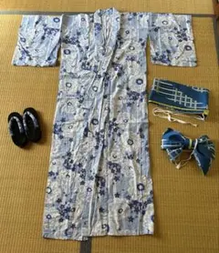 水色花柄浴衣と下駄・帯セット