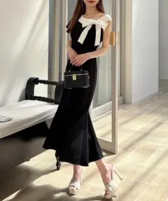 【丈が選べる】ワンショルリボン配色マーメイドワンピース　ROYAL PARTY