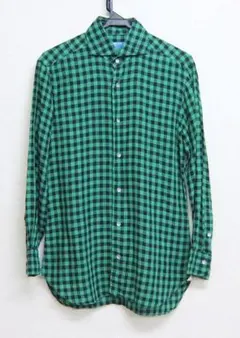 伊製 BARBA バルバ リネン チェック 長袖シャツ 緑×濃紺 38/15 麻のサムネイル