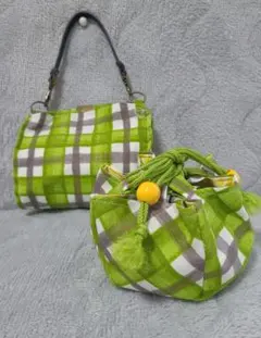ハンドメイド緑と白のチェック柄ミニバッグとポーチセット