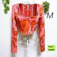 ZARAザラ 長袖トップス カットソー 花柄クロップド ピンク オレンジM