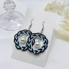 水引 ピアス 相生結び 茶×ブルー パール 揺れる ハンドメイド 結環 藍瞬