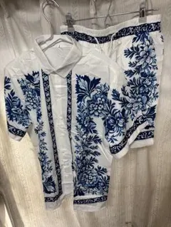 新品ホワイト×ブルー花柄アロハ上下セットアップ半袖シャツ&ショーツS