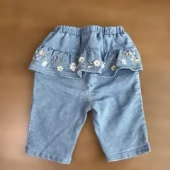 【美品】デニムブルー フリル付き刺繍ハーフパンツ　ママラク　バースデイ