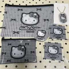 Hello Kitty 千鳥柄　キティ ポーチ、バッジ　ファスナーケースセット