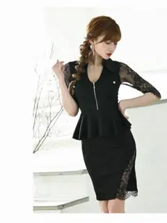 襟あり袖付きレースペプラムキャバドレス ミニドレス【Belsia/ベルシア】