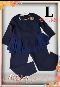 後ろフリルで体型カバー楽に着られる❤ドレスパンツスーツ　L