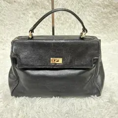 a1241　CUE’SS　ハンドバッグ　レザー　ブラック　ゴールド　マチ　通勤