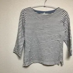 美品　Mサイズ白・紺ストライプ 五分袖Tシャツ 綿100 b016