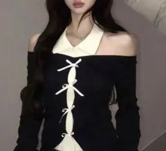 shien オフショルダーリボン付きフィットリブニットセーター