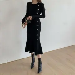 SHEIN リブ編みブラックニットワンピース