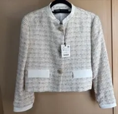 【新品未使用】ZARA ノーカラージャケット M ベージュ/ホワイト