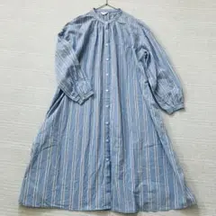 JINTY ロング シャツワンピース ギャザー ブルー ストライプ ゆったり M