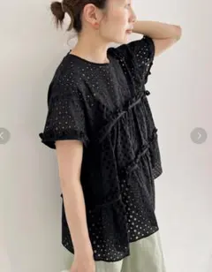 IENA ブラウス レース 刺繍 綿100% 夏 ティアード 体型カバー 黒のサムネイル