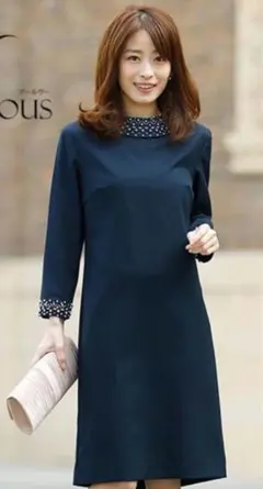 【美品】ビジュー　ワンピース　紺　フォーマル　パーティー　入園卒園式　膝丈　L