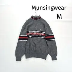 マンシングウェア　ハーフジップ　ニットブルゾン　グレー　ウール混　ビッグロゴ