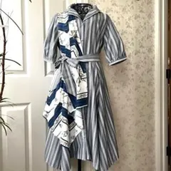 ストライプとプリントの半袖シャツワンピース　新品タグ付