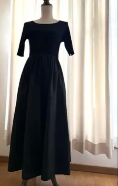 黒の半袖リブ編み　ロングワンピース　ロングドレス