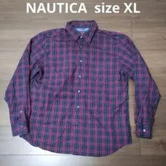 古着 NAUTICA 長袖チェック柄シャツ XL レッド ネイビー ノーティカ