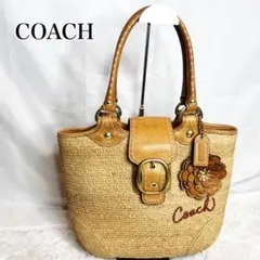 【未使用級】 COACH かごバッグ ストロー レザー トートバッグ A4収納可