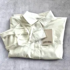 【長袖シャツ】淡白　切替シャツ　リボン付きカフス ゆったりサイズM タグ付