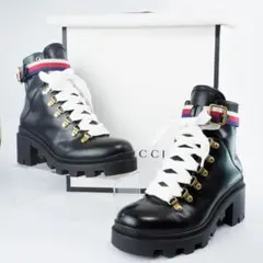 EU36.5 グッチ GUCCI レースアップ ブーツ レザー ブラック295A