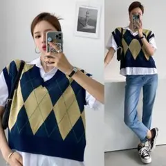 アーガイル柄 ニットベスト Vネック レイヤード 韓国 ファッション