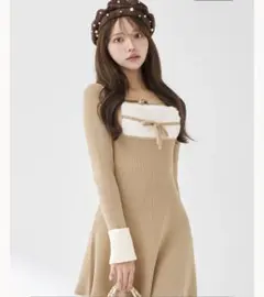 Darich リボンファーフレアニットミニワンピース　ベージュ