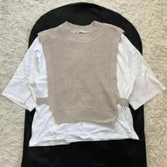 ザラ/半袖/Tシャツ/ニットベスト/M/ベージュ/白/レイヤードセット