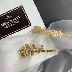 No.548 アンティークゴールドローズ英字ヘアピン2点set 韓国 地雷パンク