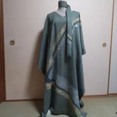 446 着物リメイクロングワンピース　色留袖 上質 黒留袖 アクセントカラーカシュクール ワンピース 正絹 上質 着物