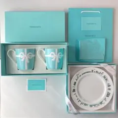 【未使用】ティファニー ペアマグカップ ブルー リボン + プレート