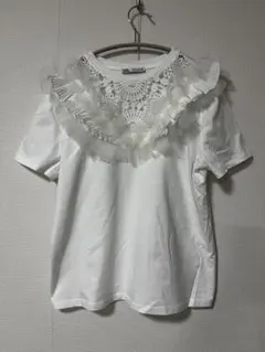 ［未使用品］ZARA フリル付きレースTシャツ S ホワイト