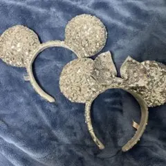 ミッキー＆ミニー 耳型カチューシャ セット シルバー スパンコール