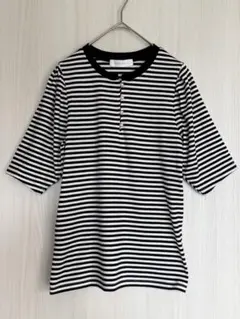 BONLECILL ストライプ 半袖ニット　パールボタン　パフスリーブ